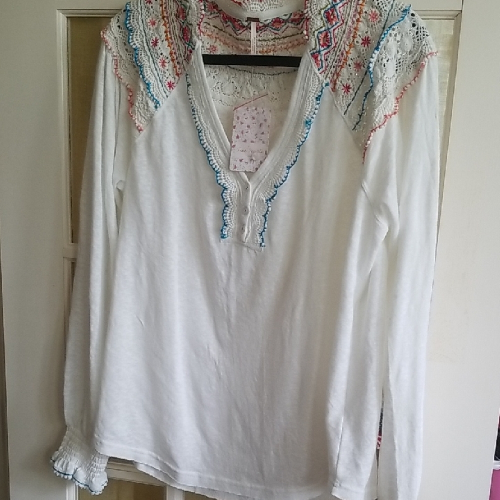 Embroidered V-Neck Long Sleeve Women's Top - White with Multicolor Detail